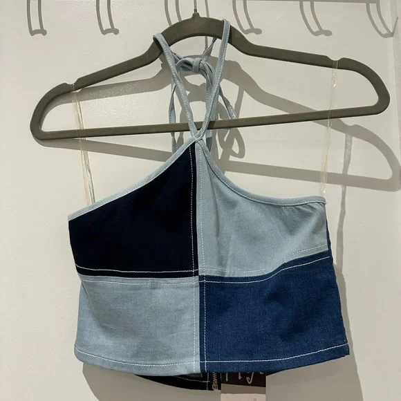 Denim Colorblock Halter Top - Picture 1 of 5